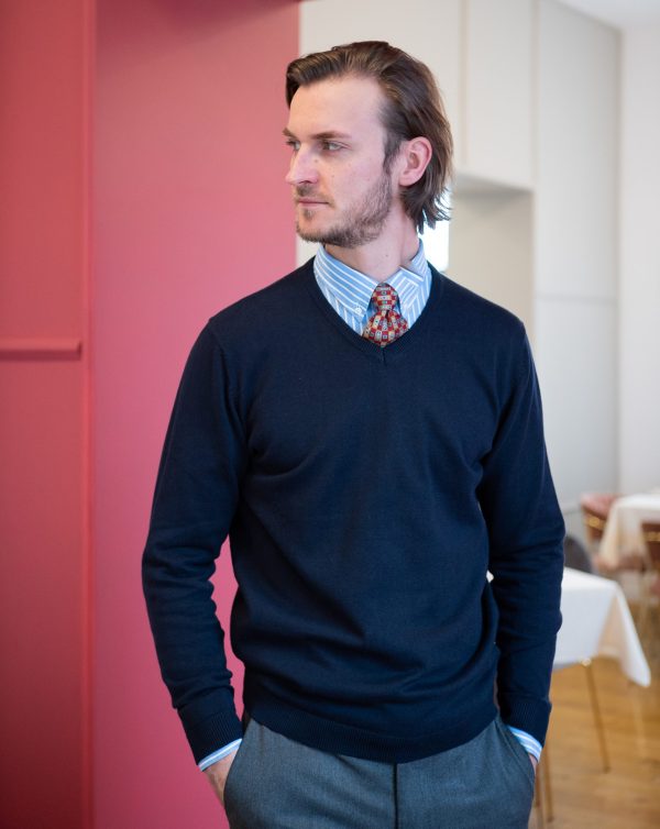 Pulover cu guler în V Navy