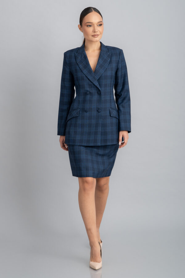 Costum elegant în carouri, din lână premium, format din 2 piese: sacou și fustă