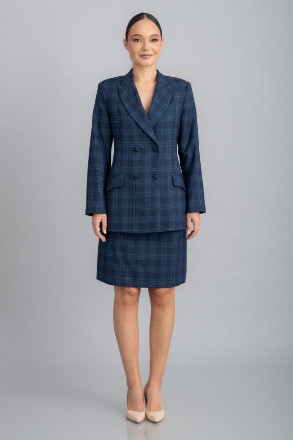 Costum elegant în carouri, din lână premium, format din 2 piese: sacou și fustă