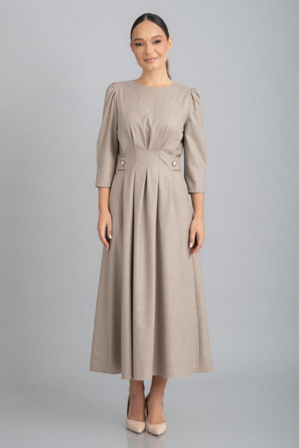 Rochie elegantă grej, din cașmir Zegna, cu epoleți în talie